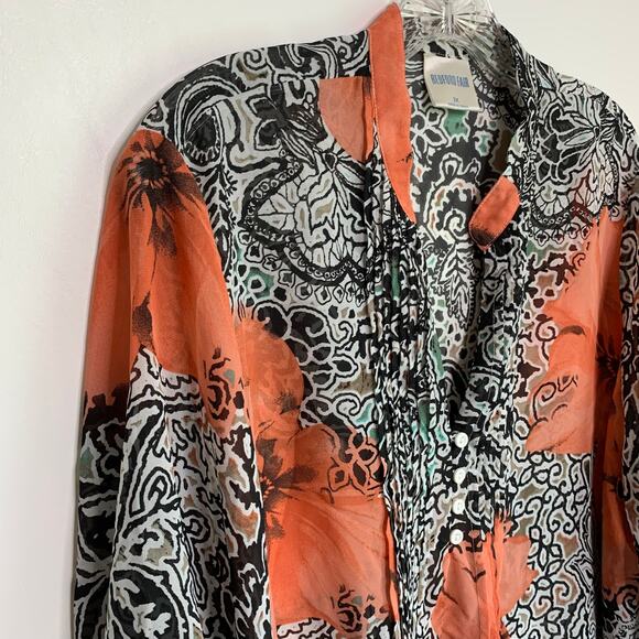 Bedford Fair Womens 2X Button Peach Orange Flower Semi Sheer 3/4 Sleeve Top - Picture 5 of 8